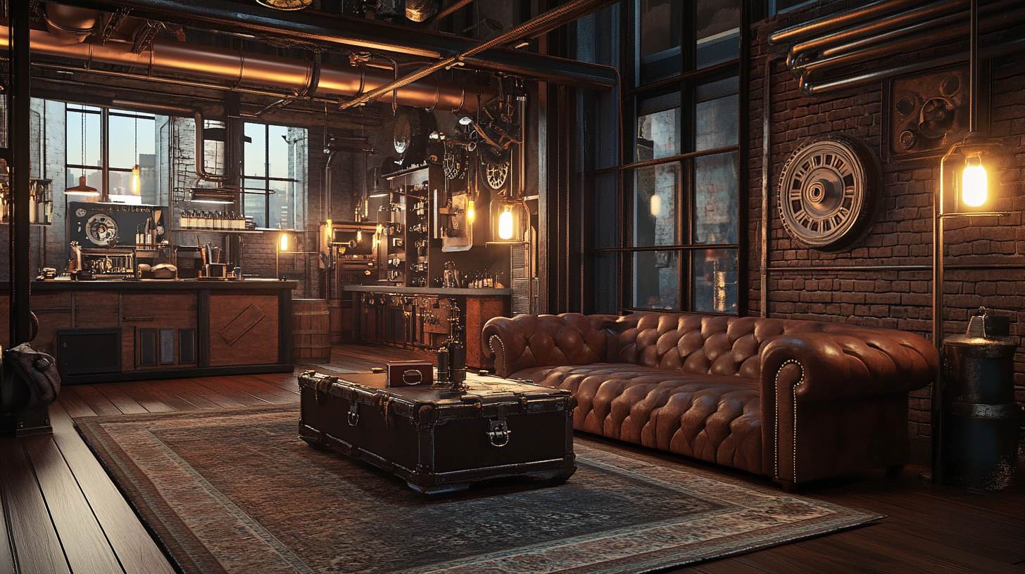 Salon w stylu steampunk z mosiężnymi akcentami i vintage meblami